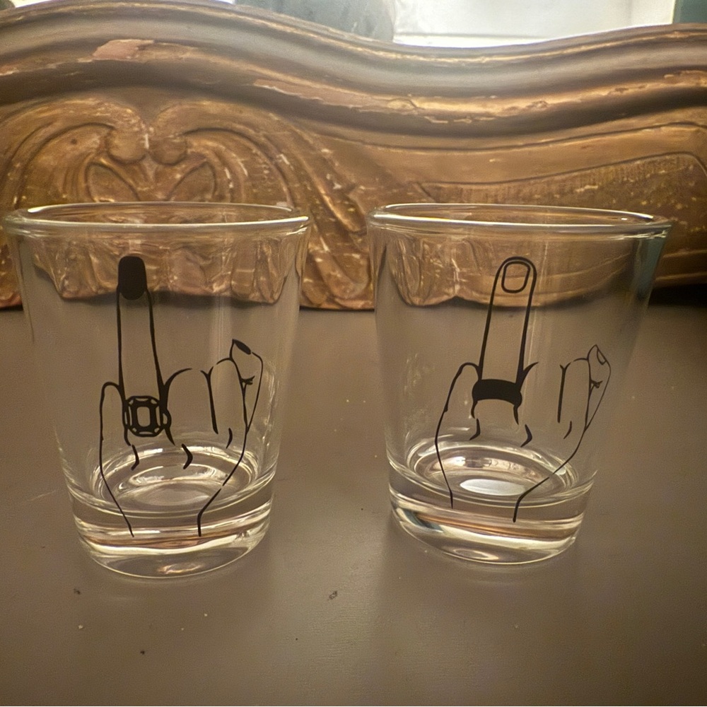 His and Her wedding shot glasses (bride and groom) ring shot glasses set